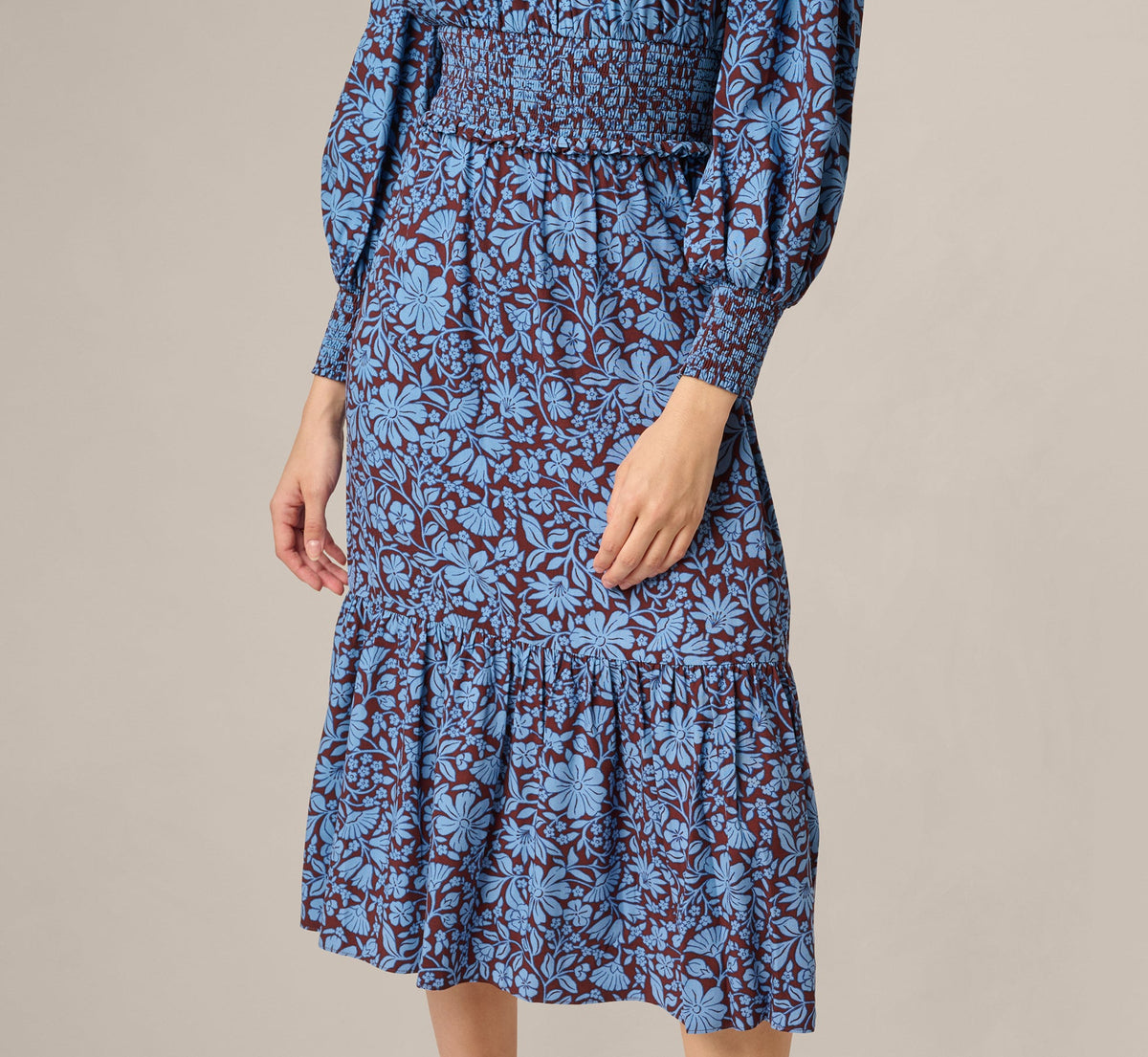Long Sleeve Floral Print Mia Midi Dress - Brown Blue | Adrianna Papell