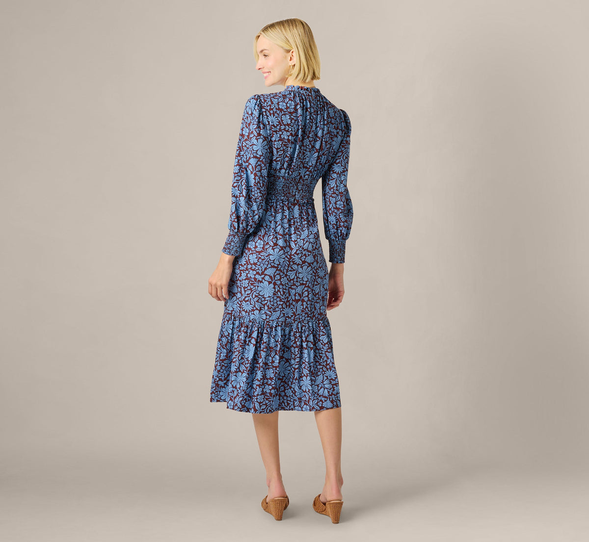 Long Sleeve Floral Print Mia Midi Dress - Brown Blue | Adrianna Papell