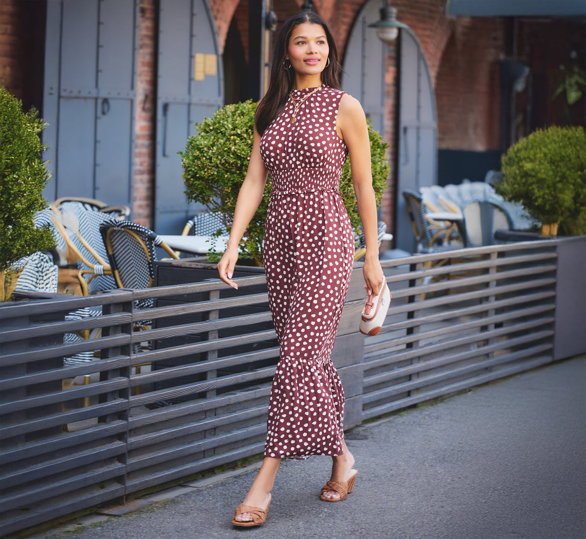 Dot Print Mia Maxi Dress - Brown Ecru | Adrianna Papell