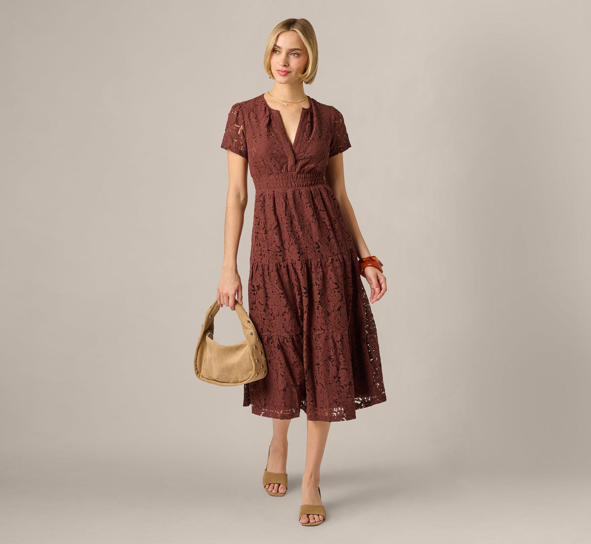 Short Sleeve Lace Tiered Sophia Dress - Chocolate | Adrianna Papell