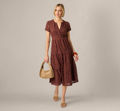 Short Sleeve Lace Tiered Sophia Dress - Chocolate | Adrianna Papell
