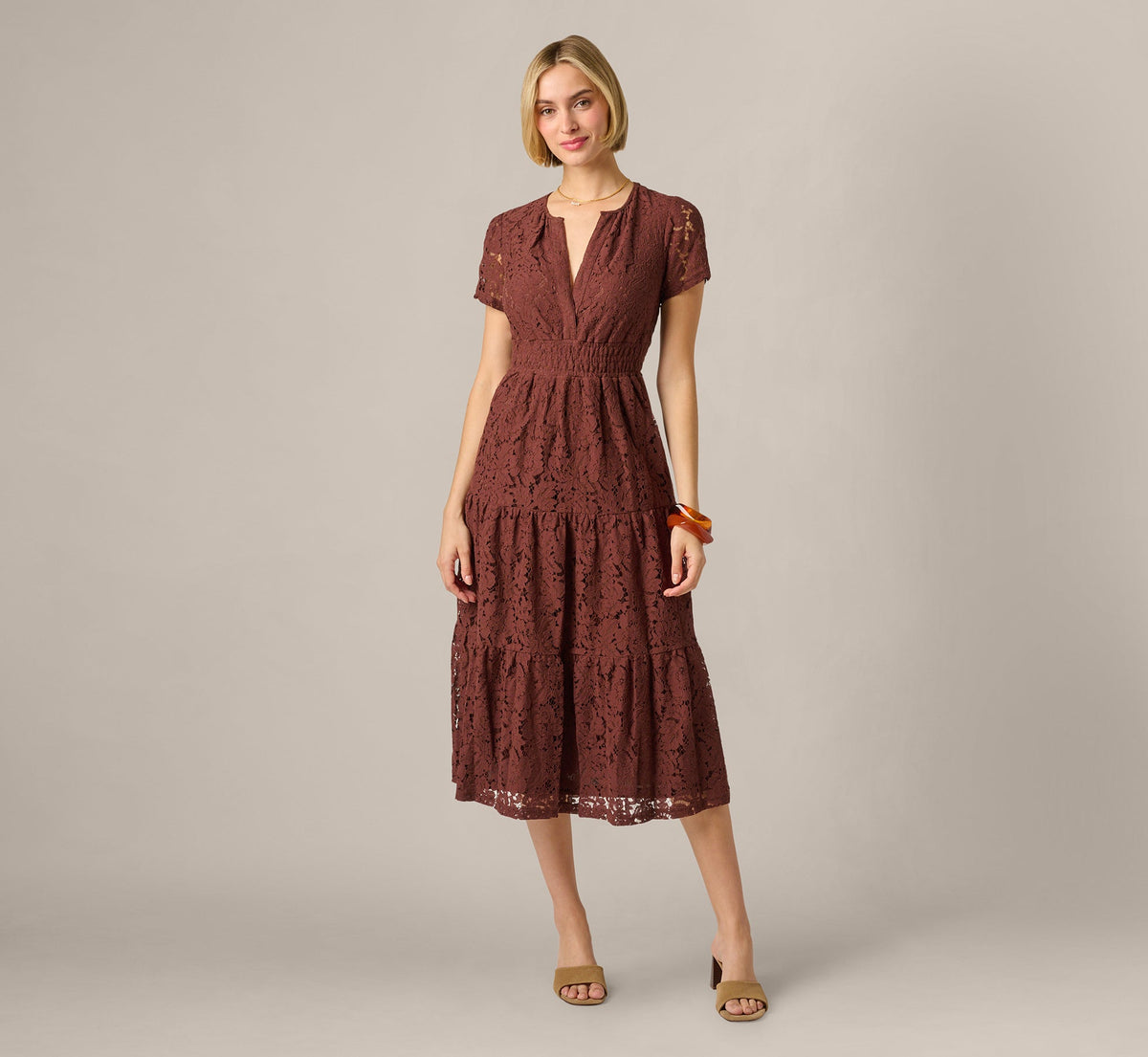 Short Sleeve Lace Tiered Sophia Dress - Chocolate | Adrianna Papell