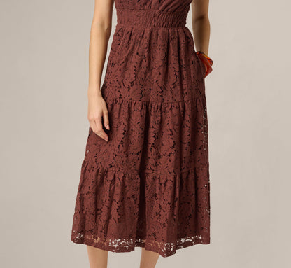 Short Sleeve Lace Tiered Sophia Dress - Chocolate | Adrianna Papell
