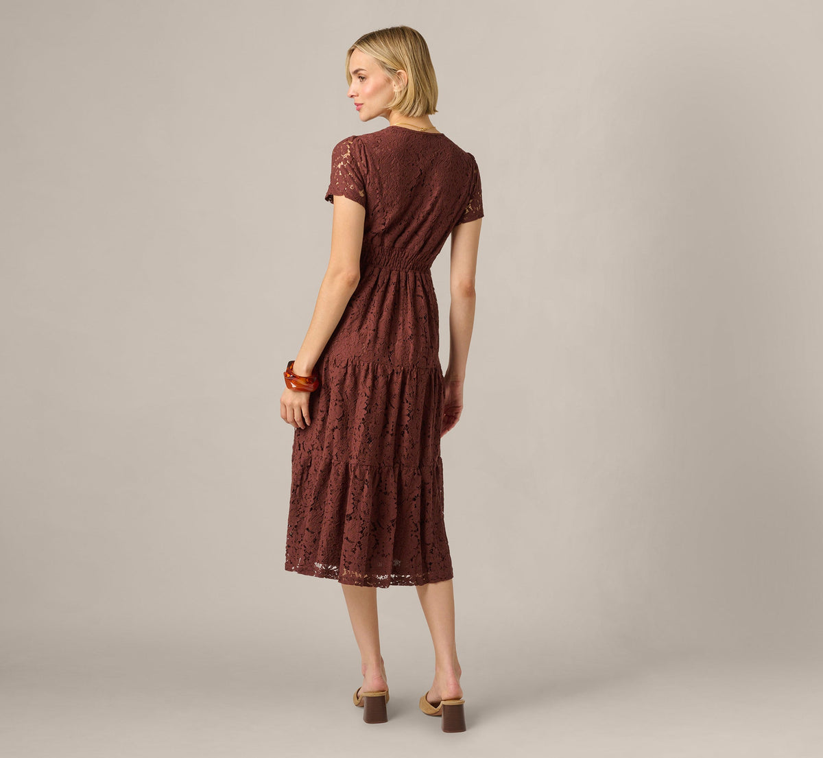 Short Sleeve Lace Tiered Sophia Dress - Chocolate | Adrianna Papell