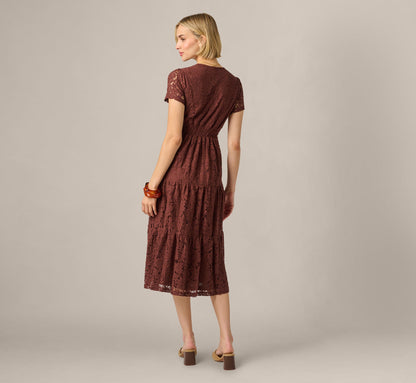 Short Sleeve Lace Tiered Sophia Dress - Chocolate | Adrianna Papell
