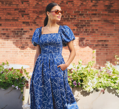 Puff Sleeve Floral Printed Blaire Midi Dress - Navy Ecru | Adrianna Papell