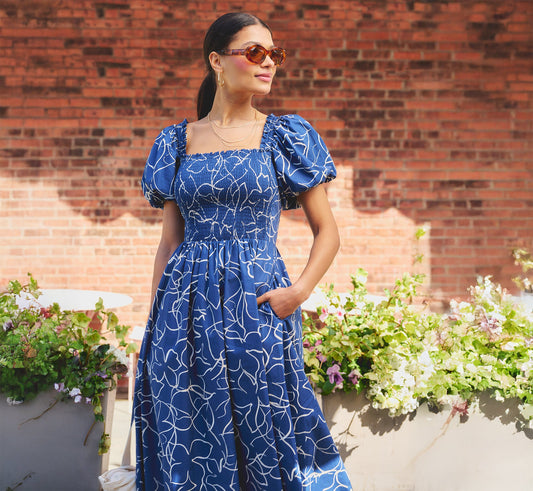 Puff Sleeve Floral Printed Blaire Midi Dress - Navy Ecru | Adrianna Papell