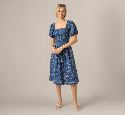 Puff Sleeve Floral Printed Blaire Midi Dress - Navy Ecru | Adrianna Papell