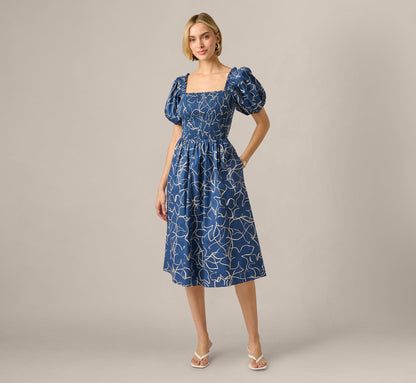 Puff Sleeve Floral Printed Blaire Midi Dress - Navy Ecru | Adrianna Papell