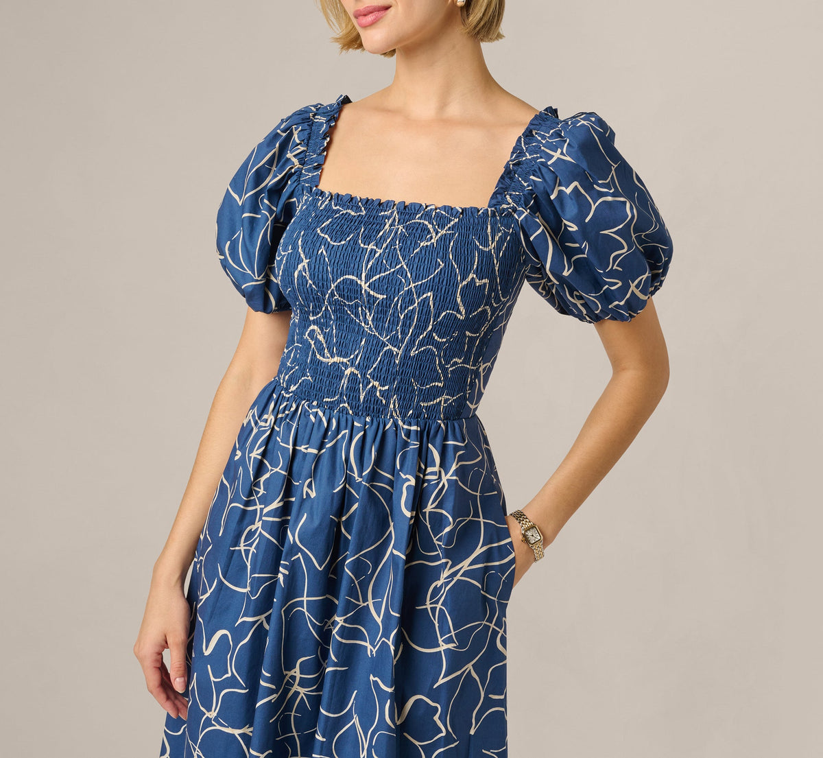 Puff Sleeve Floral Printed Blaire Midi Dress - Navy Ecru | Adrianna Papell