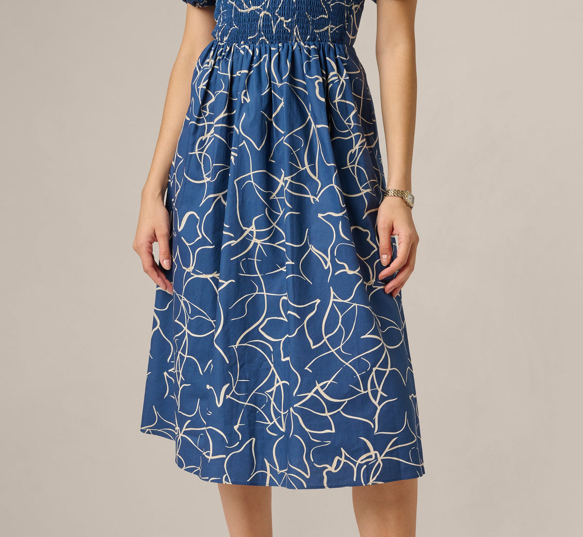 Puff Sleeve Floral Printed Blaire Midi Dress - Navy Ecru | Adrianna Papell