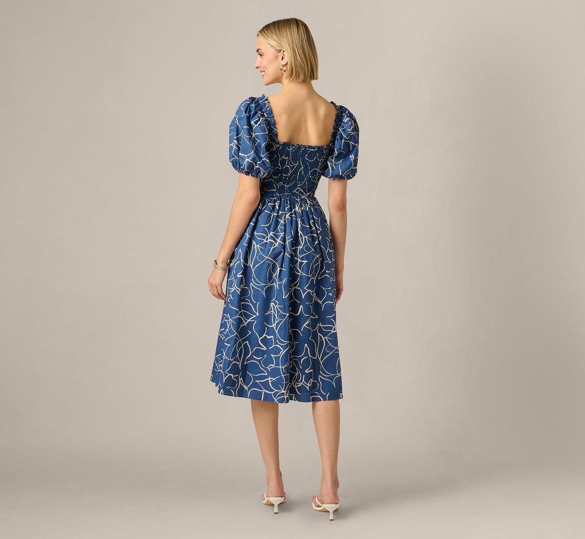 Puff Sleeve Floral Printed Blaire Midi Dress - Navy Ecru | Adrianna Papell