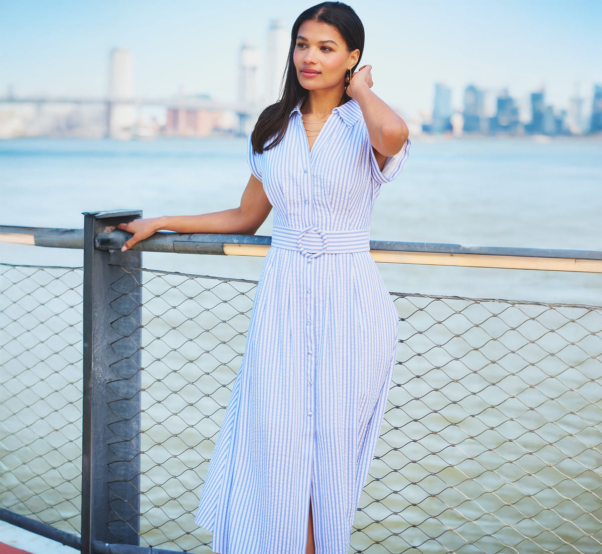 Cap Sleeve Belted Emma Midi Dress - Blue Ivory | Adrianna Papell