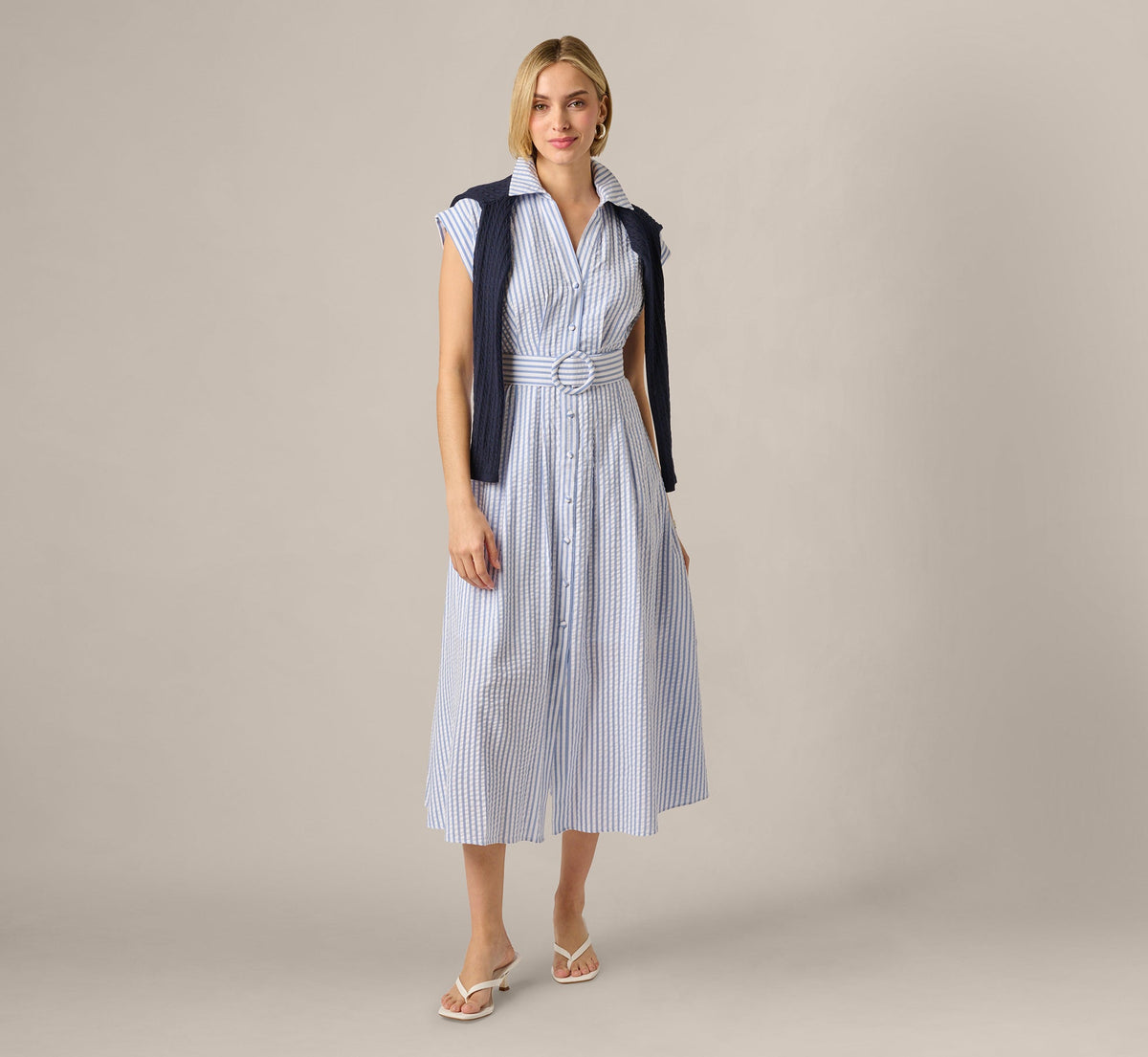 Cap Sleeve Belted Emma Midi Dress - Blue Ivory | Adrianna Papell