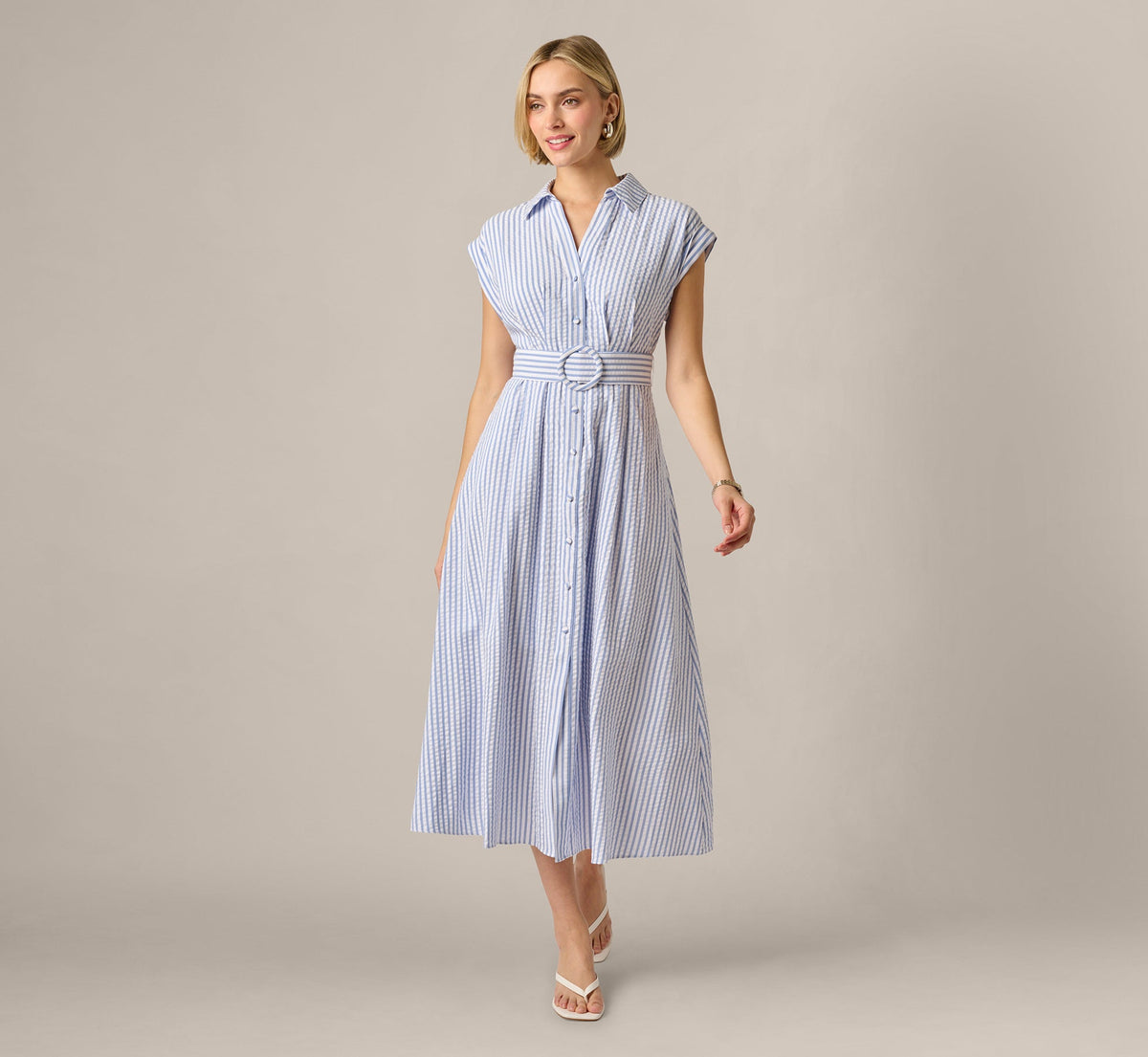 Cap Sleeve Belted Emma Midi Dress - Blue Ivory | Adrianna Papell