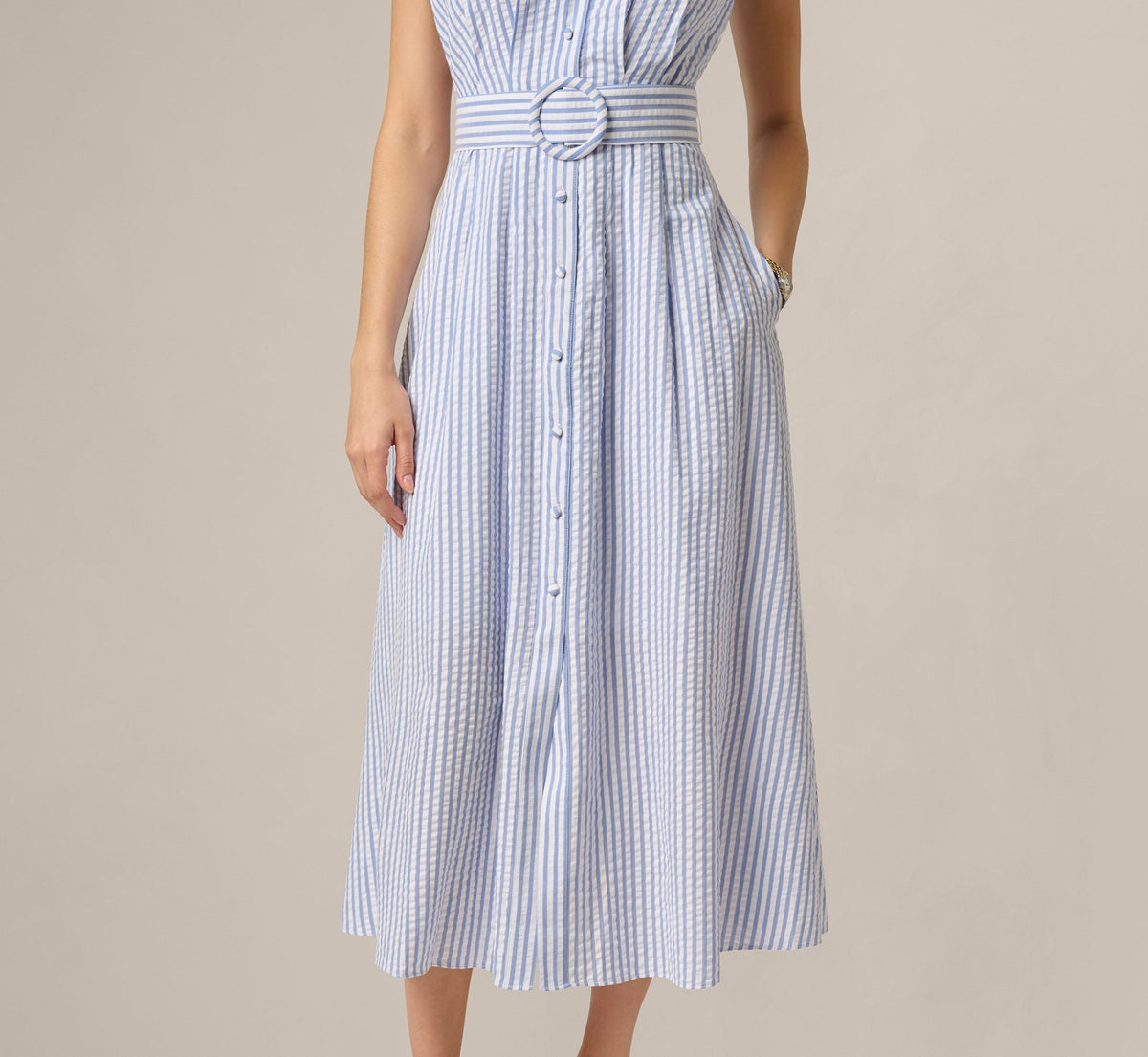 Cap Sleeve Belted Emma Midi Dress - Blue Ivory | Adrianna Papell