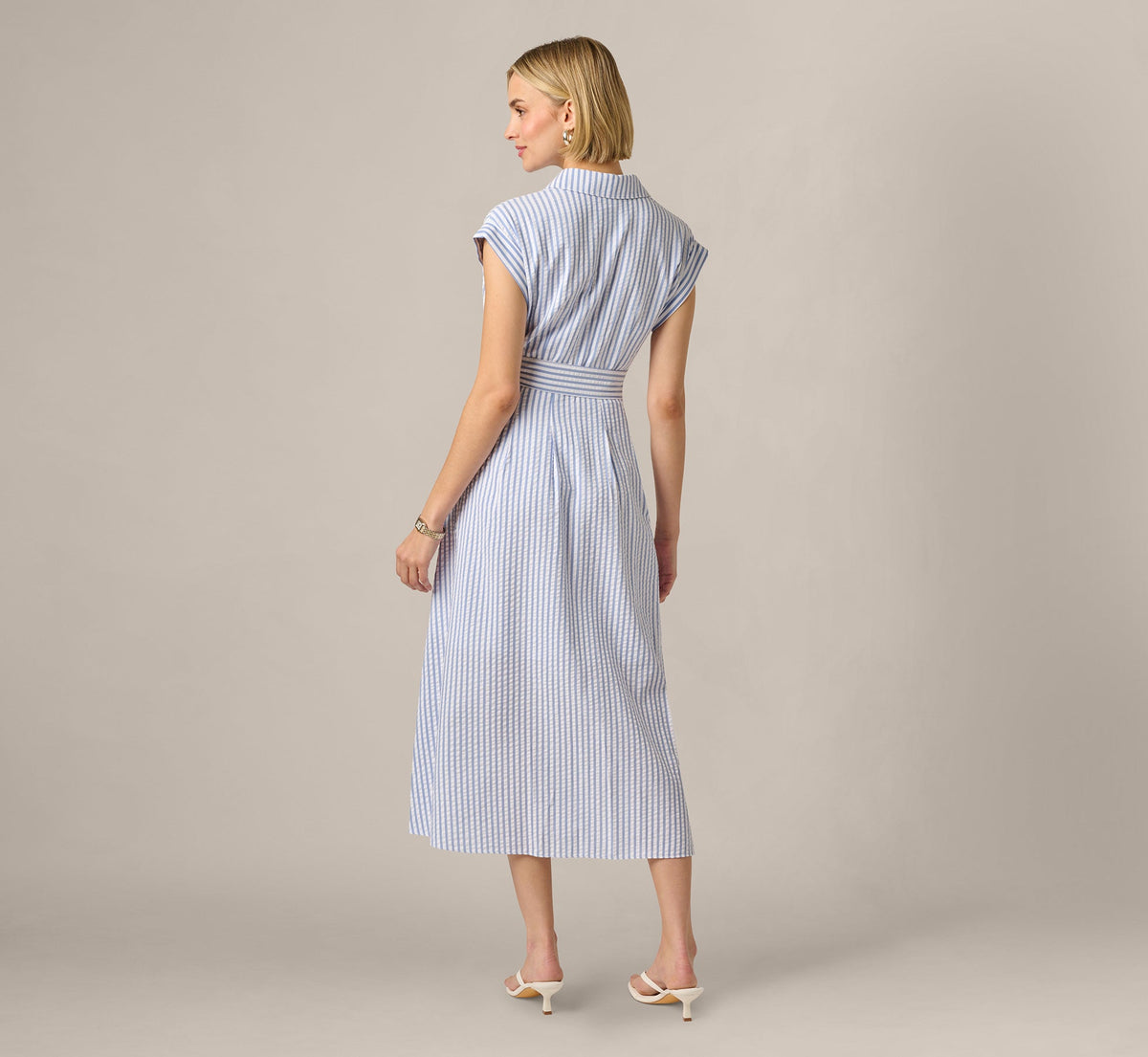 Cap Sleeve Belted Emma Midi Dress - Blue Ivory | Adrianna Papell