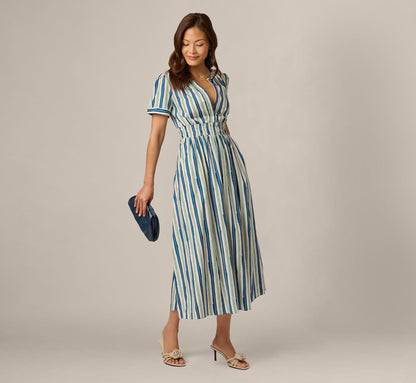 Short Sleeve Cotton Sophia Midi Dress - Ecru Navy | Adrianna Papell