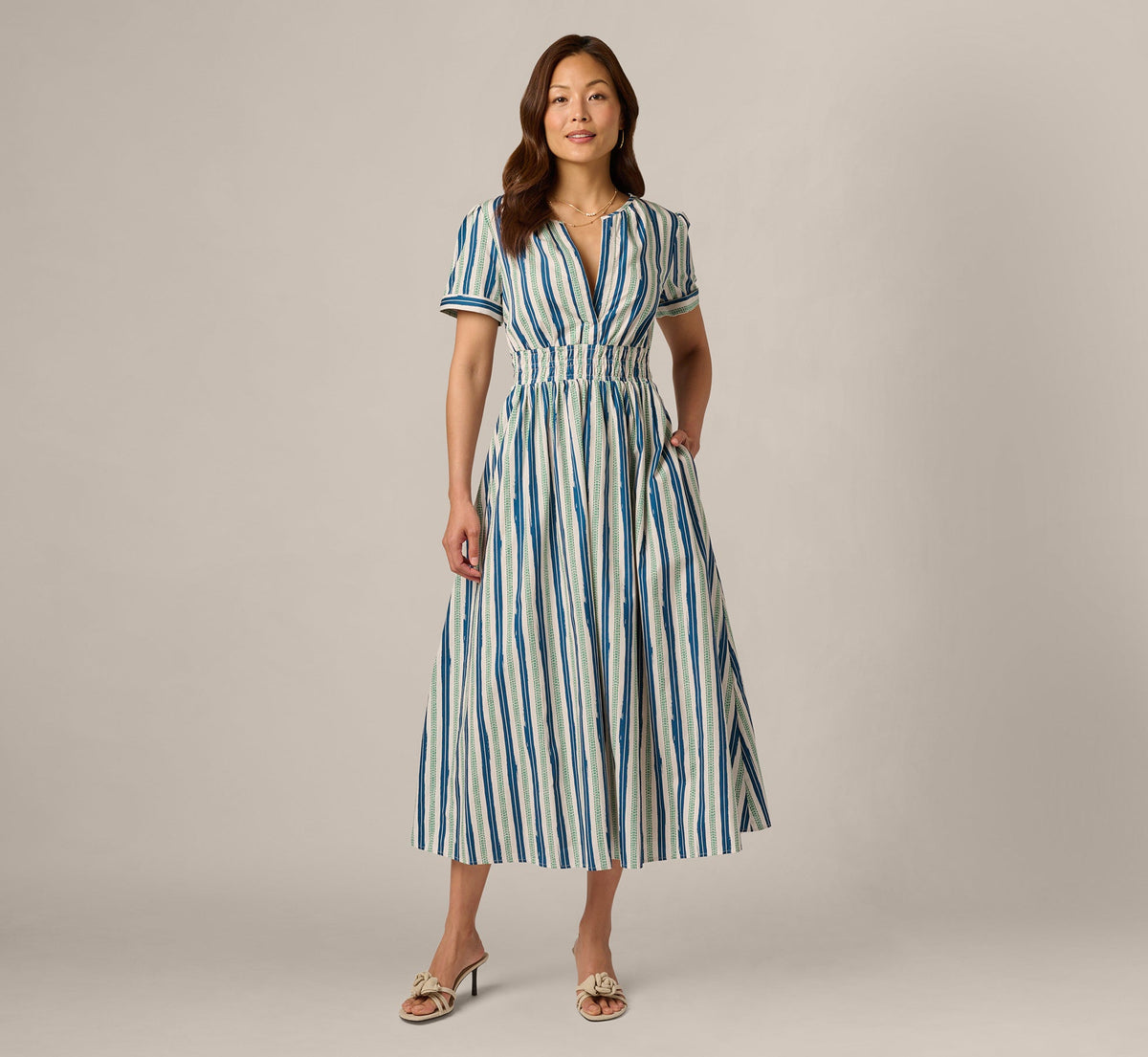 Short Sleeve Cotton Sophia Midi Dress - Ecru Navy | Adrianna Papell