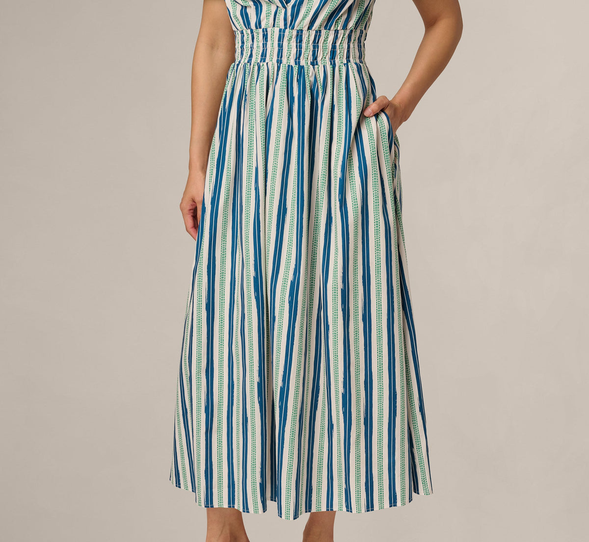 Short Sleeve Cotton Sophia Midi Dress - Ecru Navy | Adrianna Papell