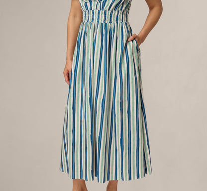 Short Sleeve Cotton Sophia Midi Dress - Ecru Navy | Adrianna Papell