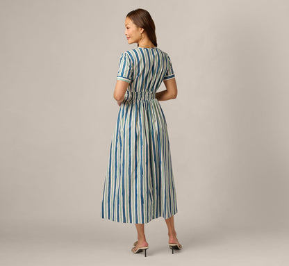 Short Sleeve Cotton Sophia Midi Dress - Ecru Navy | Adrianna Papell