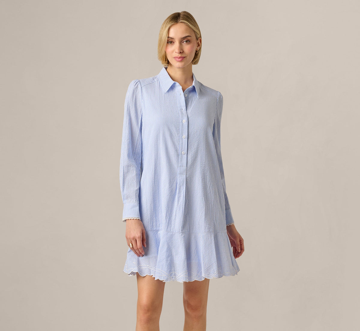 Long Sleeve Embroidered Hem Hailey Dress - Blue White | Adrianna Papell
