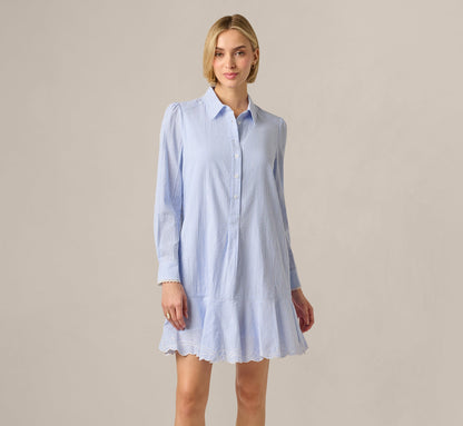 Long Sleeve Embroidered Hem Hailey Dress - Blue White | Adrianna Papell