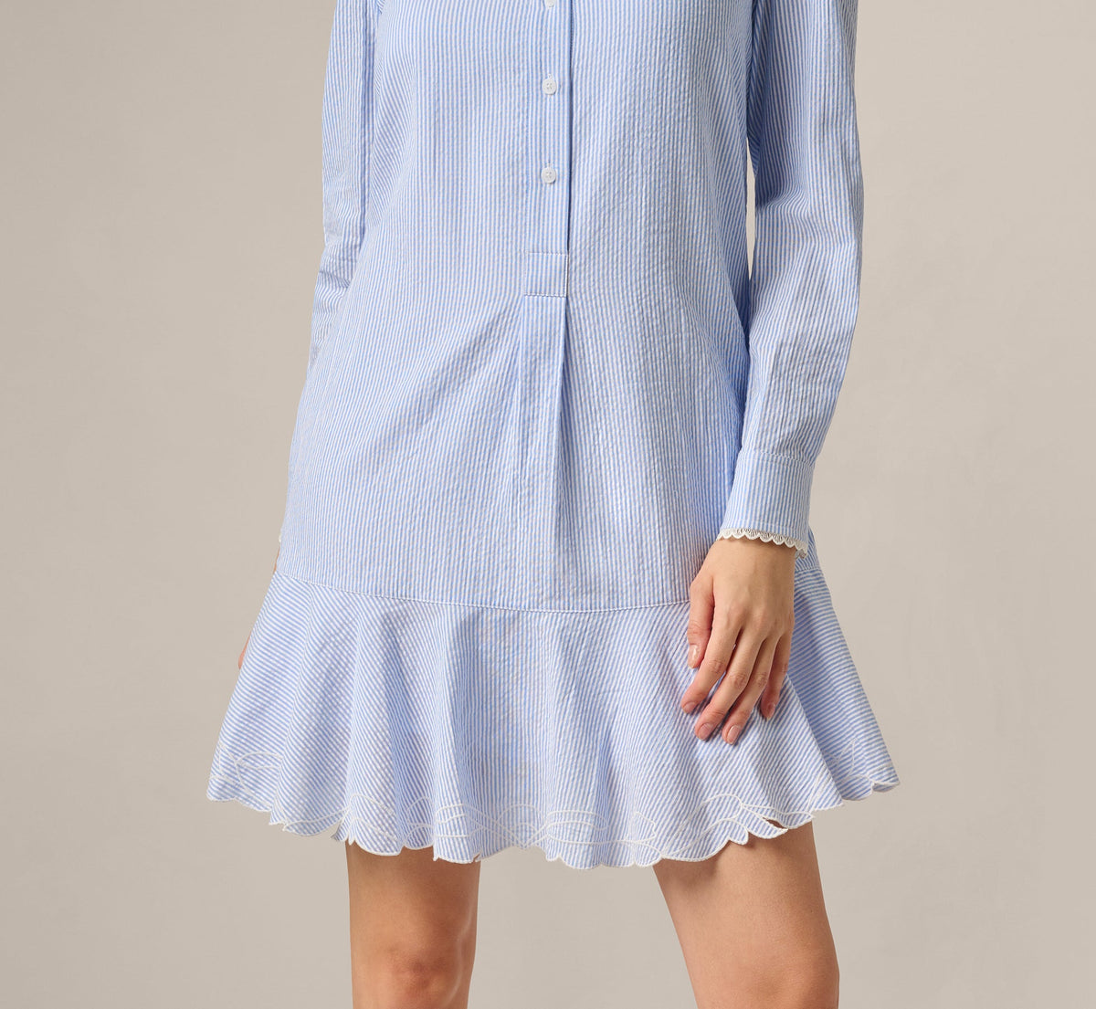 Long Sleeve Embroidered Hem Hailey Dress - Blue White | Adrianna Papell