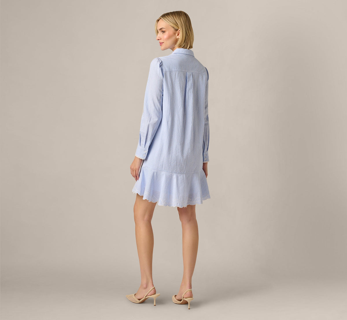 Long Sleeve Embroidered Hem Hailey Dress - Blue White | Adrianna Papell