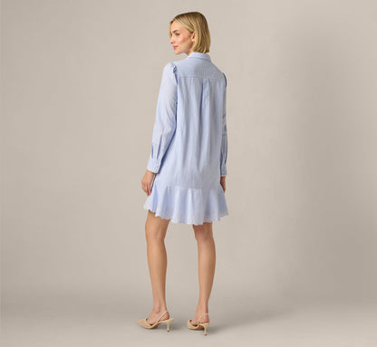 Long Sleeve Embroidered Hem Hailey Dress - Blue White | Adrianna Papell
