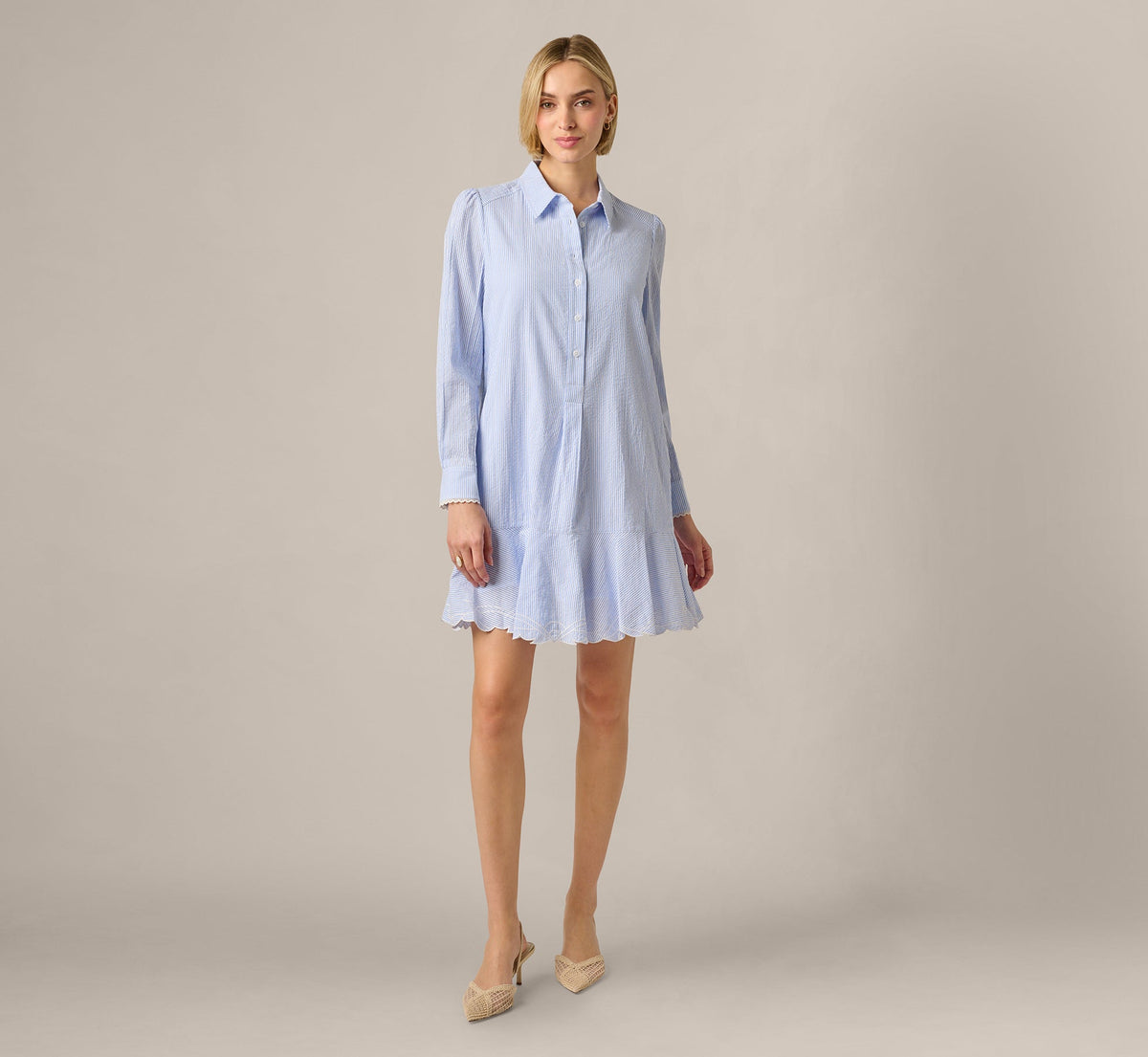 Long Sleeve Embroidered Hem Hailey Dress - Blue White | Adrianna Papell