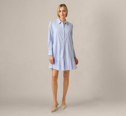 Long Sleeve Embroidered Hem Hailey Dress - Blue White | Adrianna Papell