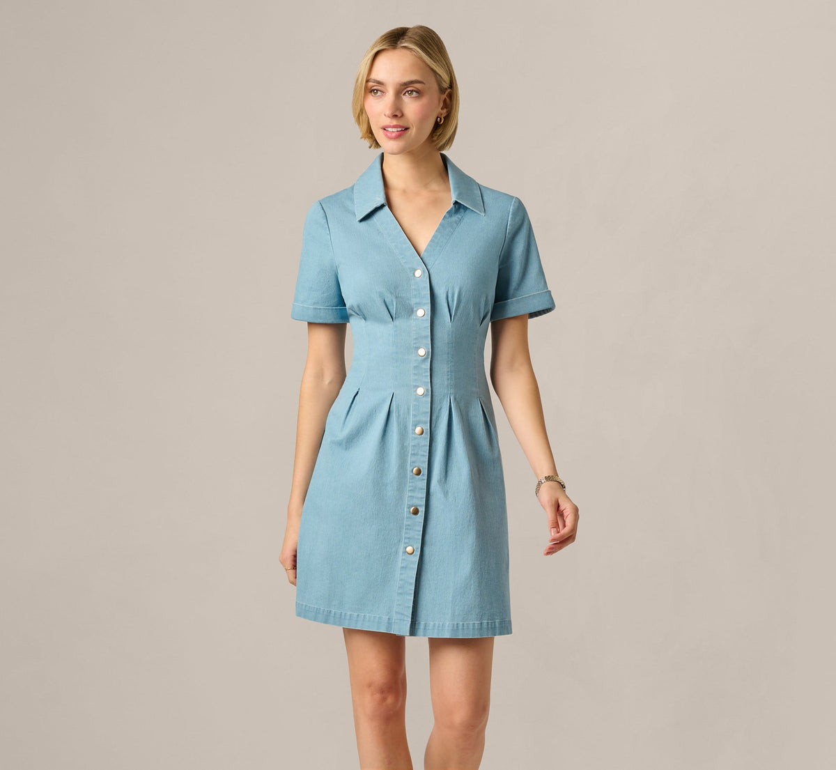Short Sleeve Cotton Chambray Emma Dress - Chambray Blue | Adrianna Papell