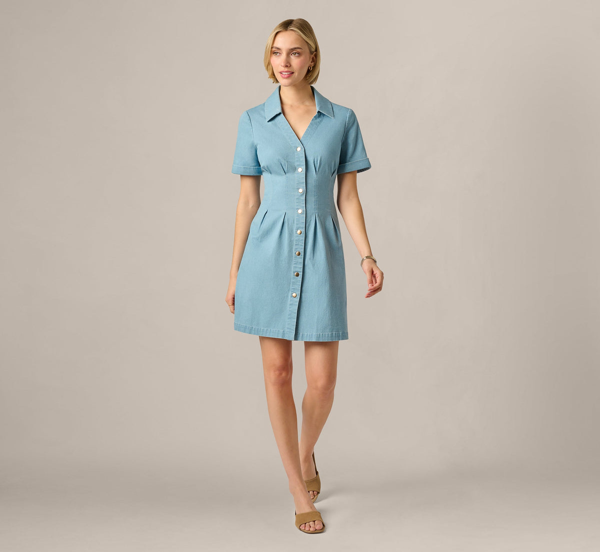 Short Sleeve Cotton Chambray Emma Dress - Chambray Blue | Adrianna Papell