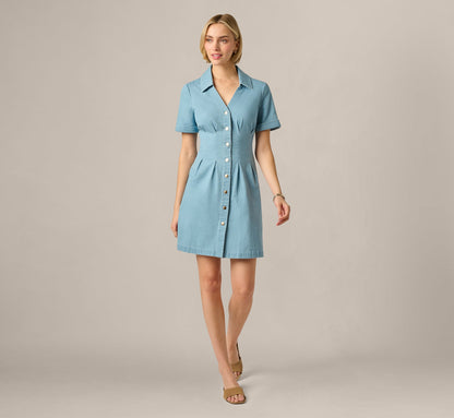 Short Sleeve Cotton Chambray Emma Dress - Chambray Blue | Adrianna Papell