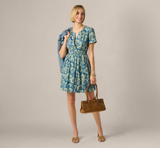 Short Sleeve Printed Cotton Sophia Dress - Navy Sage | Adrianna Papell