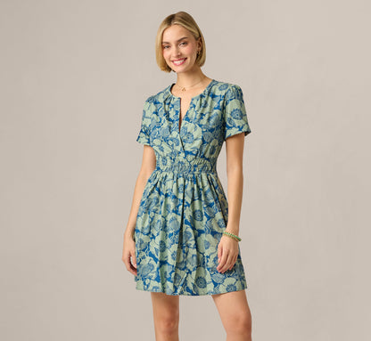 Short Sleeve Printed Cotton Sophia Dress - Navy Sage | Adrianna Papell