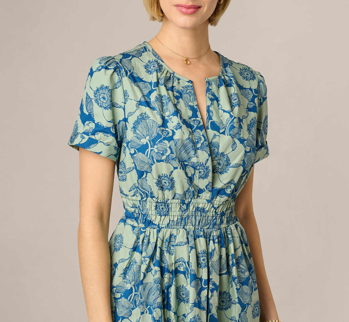 Short Sleeve Printed Cotton Sophia Dress - Navy Sage | Adrianna Papell