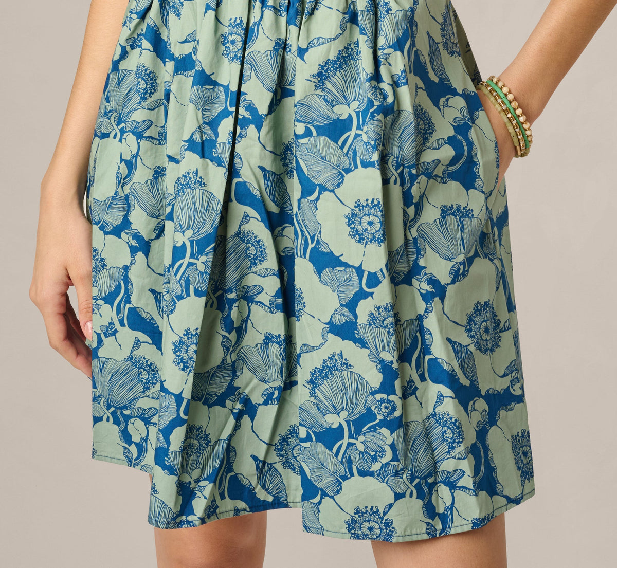 Short Sleeve Printed Cotton Sophia Dress - Navy Sage | Adrianna Papell