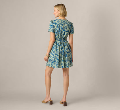 Short Sleeve Printed Cotton Sophia Dress - Navy Sage | Adrianna Papell