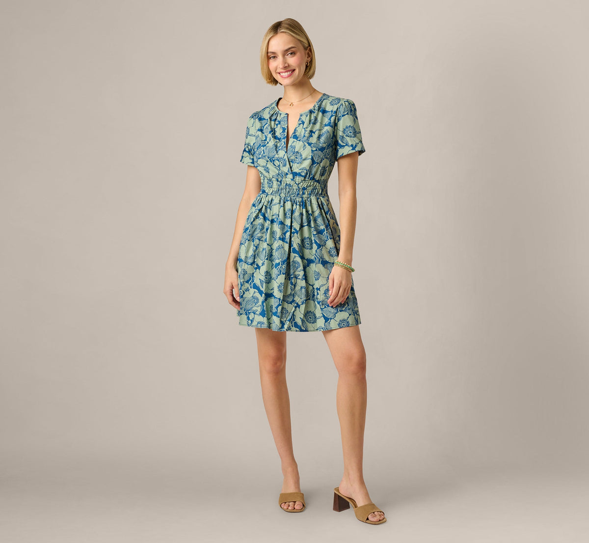 Short Sleeve Printed Cotton Sophia Dress - Navy Sage | Adrianna Papell