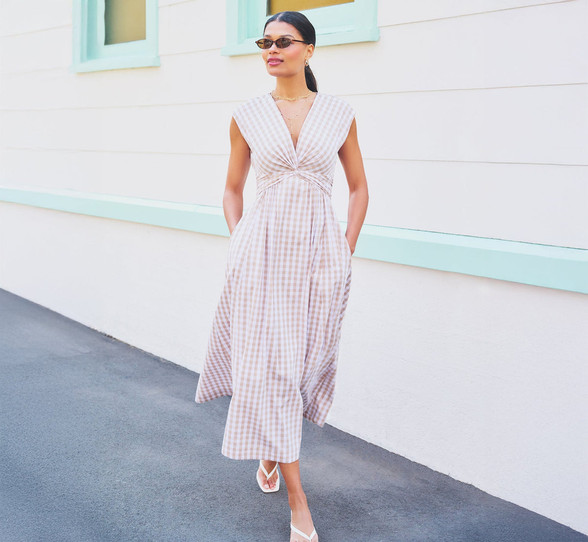 Gingham Cotton Everyday Midi Dress - Beige Ivory | Adrianna Papell