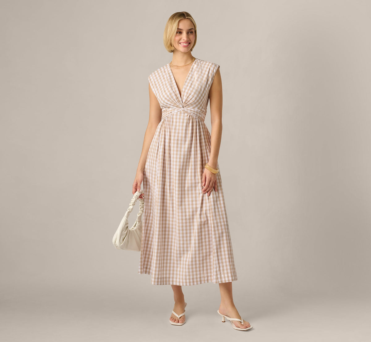 Gingham Cotton Everyday Midi Dress - Beige Ivory | Adrianna Papell