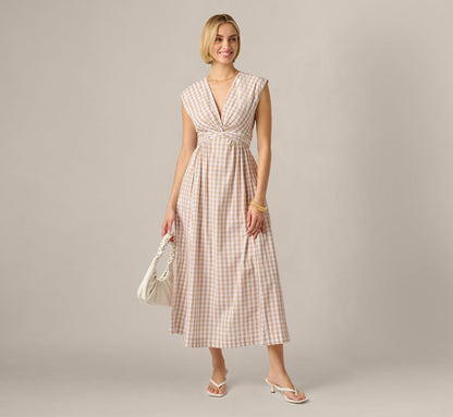Gingham Cotton Everyday Midi Dress - Beige Ivory | Adrianna Papell
