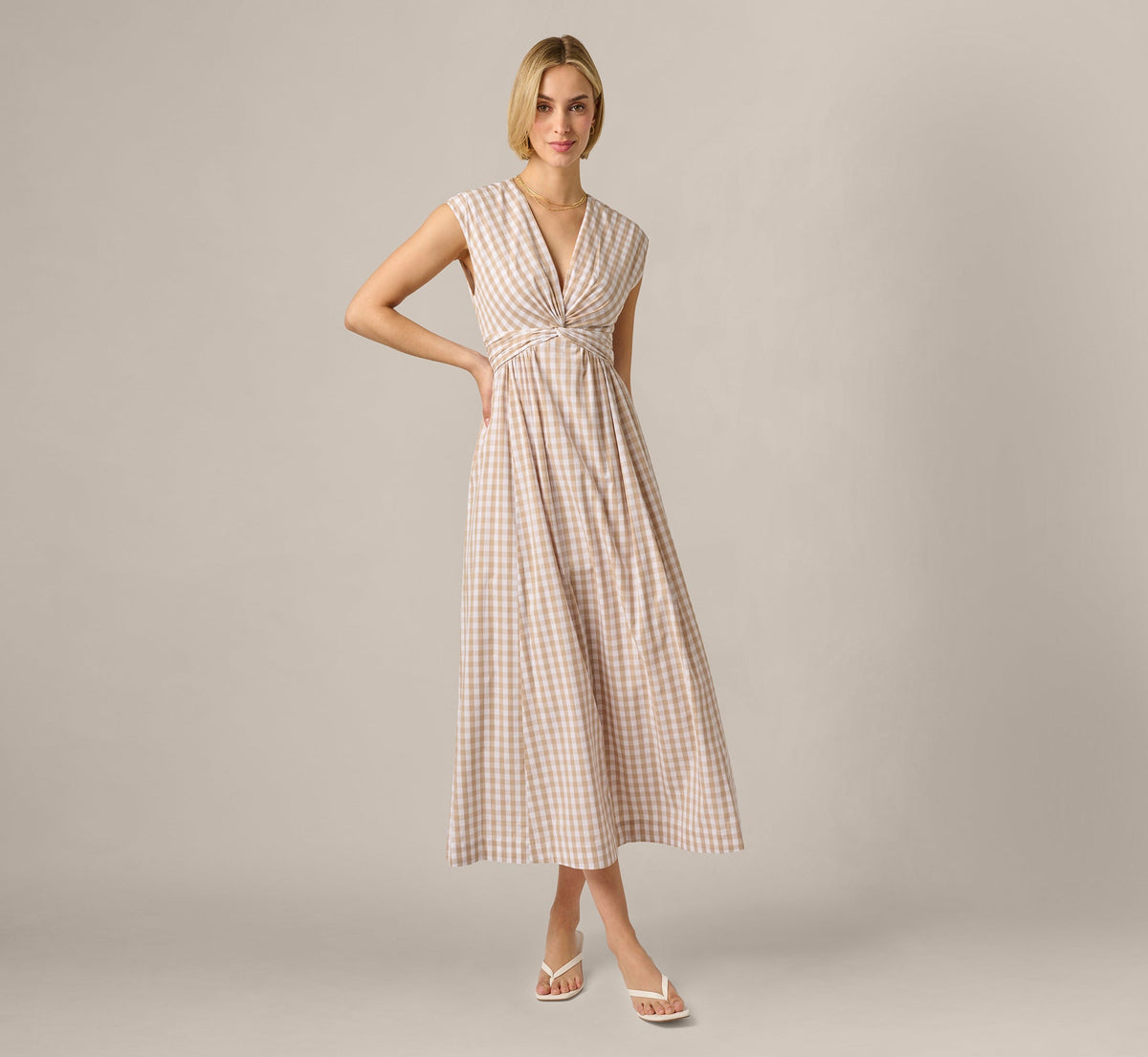 Gingham Cotton Everyday Midi Dress - Beige Ivory | Adrianna Papell