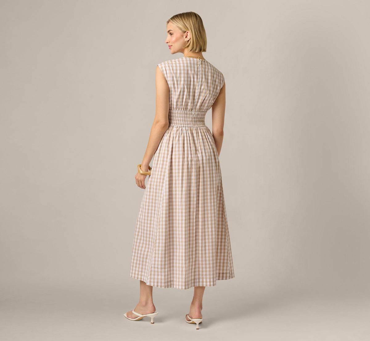 Gingham Cotton Everyday Midi Dress - Beige Ivory | Adrianna Papell