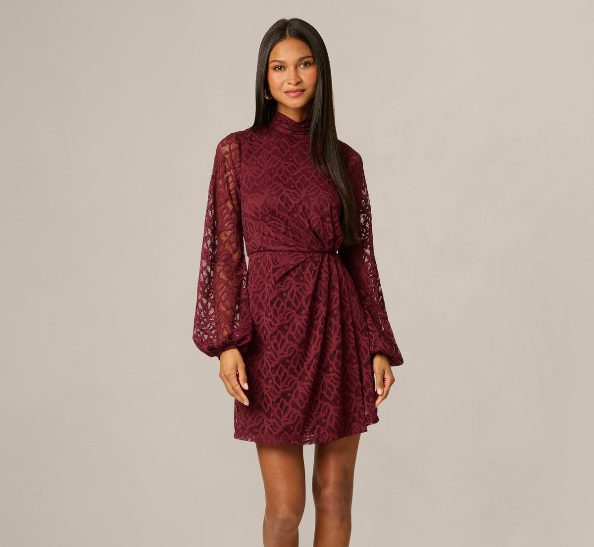 Lantern Sleeve Stretch Lace Blouson Short Dress - Burgundy | Adrianna Papell