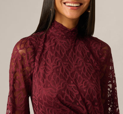 Lantern Sleeve Stretch Lace Blouson Short Dress - Burgundy | Adrianna Papell