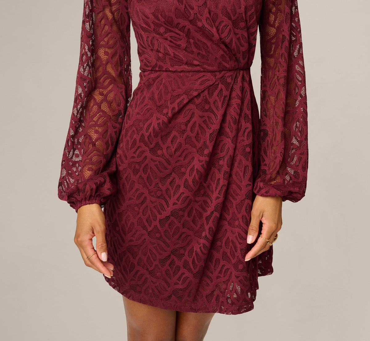 Lantern Sleeve Stretch Lace Blouson Short Dress - Burgundy | Adrianna Papell